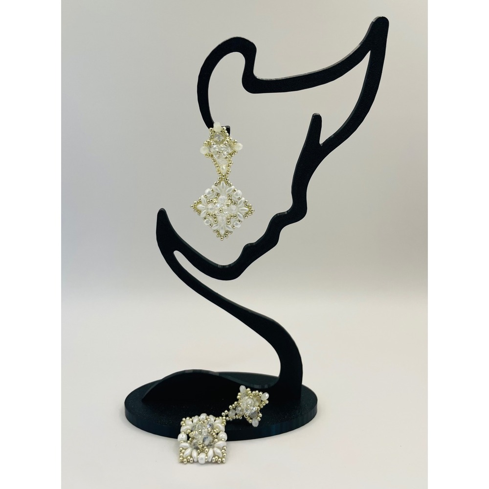 Handcrafted Pearl Crystal Beaded Drop Earrings Gold Tone Bridal Wedding Prom